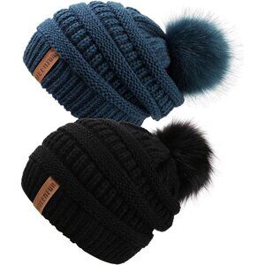 Women Black/Dark Teal Acrylic Thick Baggy Knit Winter Faux Fur Pompom Beanie